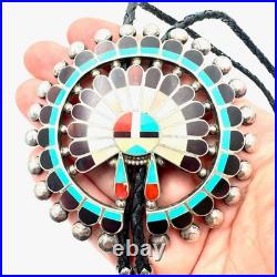 Rare Native American Zuni Cellicion Sterling Turquoise Large Sunface Bolo Tie