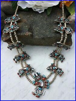 Rare Native American Zuni Rainbow Man Kachina Turquoise Squash Blossom Necklace