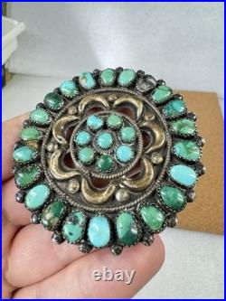 Rare Native American Zuni Sterling Silver Turquoise Cluster Pin Brooch 2.5