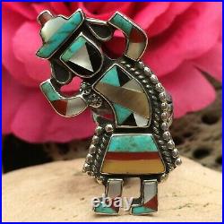 Rare Native American Zuni Turquoise Coral Mop Onyx Sterling Kachina Ring 5.5 Wow
