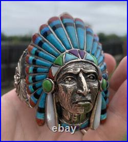 Rare! Navajo Indian Head Turquoise Opal Inlay Big Sterling Silver 925 Bracelet