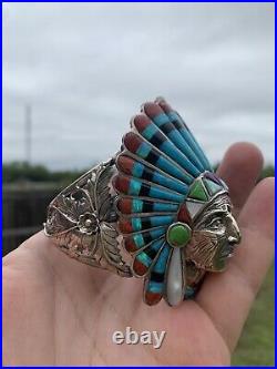 Rare! Navajo Indian Head Turquoise Opal Inlay Big Sterling Silver 925 Bracelet