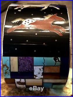 Rare Navajo Large Horse Multi Gemstone Inlay Sterling Cuff Bracelet Museum 119g
