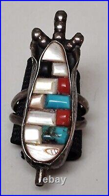 Rare Navajo Native American Sterling Silver Corn Ring Turquoise Coral Inlay Sz 7