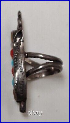 Rare Navajo Native American Sterling Silver Corn Ring Turquoise Coral Inlay Sz 7