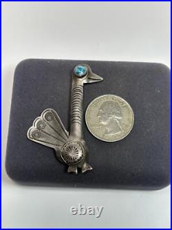 Rare Navajo Native American Sterling Silver & Turquoise Turkey Bird Brooch