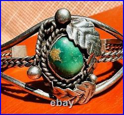 Rare Navajo Native American Turquoise And Leaf Design Sterling Cuff Bracelet