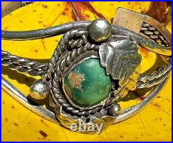 Rare Navajo Native American Turquoise And Leaf Design Sterling Cuff Bracelet