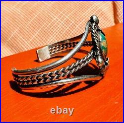 Rare Navajo Native American Turquoise And Leaf Design Sterling Cuff Bracelet