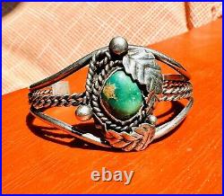 Rare Navajo Native American Turquoise And Leaf Design Sterling Cuff Bracelet