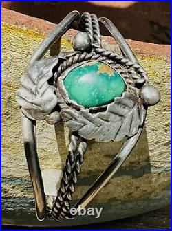 Rare Navajo Native American Turquoise And Leaf Design Sterling Cuff Bracelet