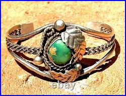 Rare Navajo Native American Turquoise And Leaf Design Sterling Cuff Bracelet