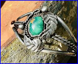 Rare Navajo Native American Turquoise And Leaf Design Sterling Cuff Bracelet