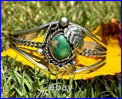 Rare Navajo Native American Turquoise And Leaf Design Sterling Cuff Bracelet