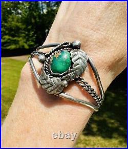 Rare Navajo Native American Turquoise And Leaf Design Sterling Cuff Bracelet