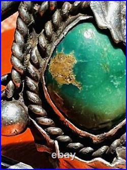 Rare Navajo Native American Turquoise And Leaf Design Sterling Cuff Bracelet