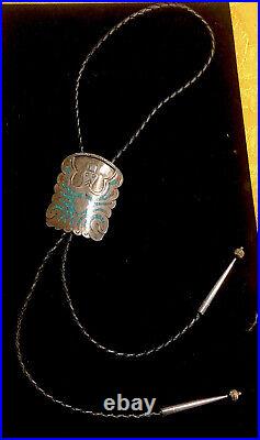 Rare Nice Old Pawn Sterling Silver Turquoise BENNETT Bolo Tie Cowboy