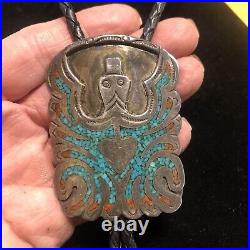 Rare Nice Old Pawn Sterling Silver Turquoise BENNETT Bolo Tie Cowboy