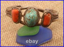 Rare Number 8 Turquoise and Coral 1960-1970 Tribal Cuff, Sterling, Unsigned