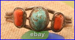Rare Number 8 Turquoise and Coral 1960-1970 Tribal Cuff, Sterling, Unsigned