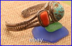 Rare Number 8 Turquoise and Coral 1960-1970 Tribal Cuff, Sterling, Unsigned