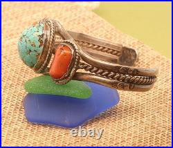 Rare Number 8 Turquoise and Coral 1960-1970 Tribal Cuff, Sterling, Unsigned