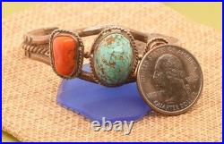 Rare Number 8 Turquoise and Coral 1960-1970 Tribal Cuff, Sterling, Unsigned