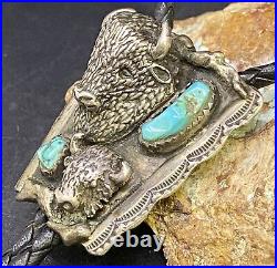 Rare Old Hopi JOHNNY BLUE JAY Sterling & Turquoise 3D Buffalo Heads Bolo Tie SEE