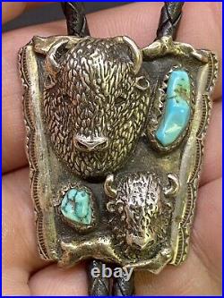 Rare Old Hopi JOHNNY BLUE JAY Sterling & Turquoise 3D Buffalo Heads Bolo Tie SEE