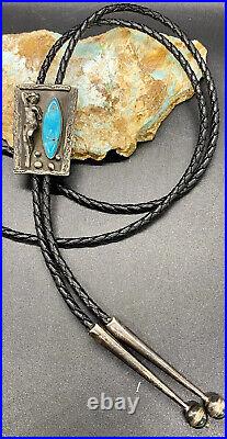 Rare Old Hopi JOHNNY BLUE JAY Sterling & Turquoise 3D Female Figure Bolo Tie SEE