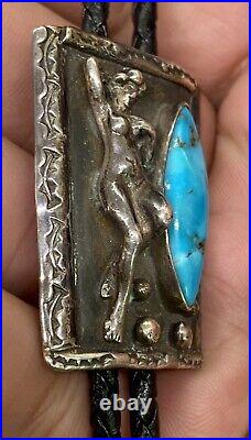 Rare Old Hopi JOHNNY BLUE JAY Sterling & Turquoise 3D Female Figure Bolo Tie SEE