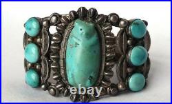 Rare Old Leekya Deyuse Zuni Silver Carved Bear Fetish Turquoise Cuff Bracelet