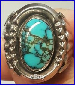 Rare Old Navajo Sterling Silver BlackWeb Number #8 Turquoise MENS Ring Sz 10