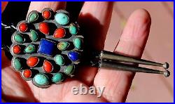 Rare Old OSCAR BETZ Handmade Sterling Silver Turquoise & Lapis & Coral Bolo Tie