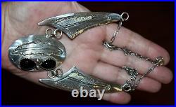 Rare Old Pawn Navajo Mary A. Silvers Onyx Stone Sterling Feather Wing Necklace