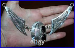 Rare Old Pawn Navajo Mary A. Silvers Onyx Stone Sterling Feather Wing Necklace