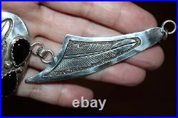 Rare Old Pawn Navajo Mary A. Silvers Onyx Stone Sterling Feather Wing Necklace