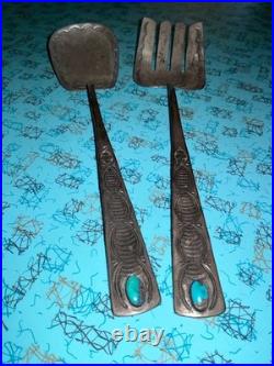 Rare Old Pawn Navajo Silver Stamped Spoon Fork Serving Set Turquoise 10 1/4