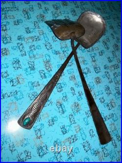 Rare Old Pawn Navajo Silver Stamped Spoon Fork Serving Set Turquoise 10 1/4
