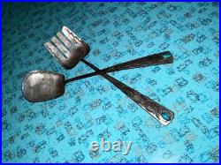 Rare Old Pawn Navajo Silver Stamped Spoon Fork Serving Set Turquoise 10 1/4