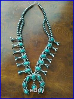 Rare Old Pawn Navajo Turquoise Squash Blossom Sterling Necklace Signed