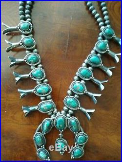 Rare Old Pawn Navajo Turquoise Squash Blossom Sterling Necklace Signed