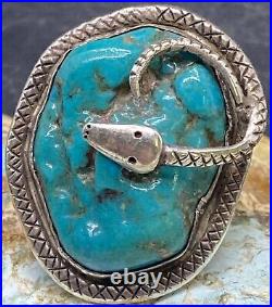 Rare Old Zuni Handmade Large Sterling & Turquoise Snake Design Ring Size 8.25 C