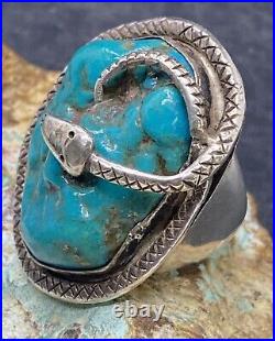 Rare Old Zuni Handmade Large Sterling & Turquoise Snake Design Ring Size 8.25 C
