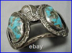 Rare Older Vintage Navajo Gilbert Turquoise Sterling Silver Leaf Bracelet