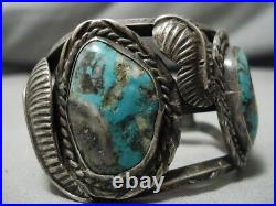 Rare Older Vintage Navajo Gilbert Turquoise Sterling Silver Leaf Bracelet