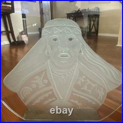 Rare Original Native American Etched Glass With Signature. Large 2.5x2.5ft piece