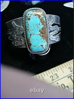 Rare Pawn Zuni Sterling Ingot Cuff Snakes Hand Made 58 Grams #8 Turquoise