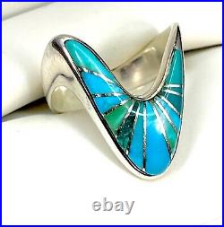 Rare Signed Calvin Begay Navajo Sterling Silver Inlay Turquoise Stone Ring Sz 9