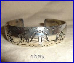 Rare Signed T Thomas Sterling Carved Navajo Native American Bracelet